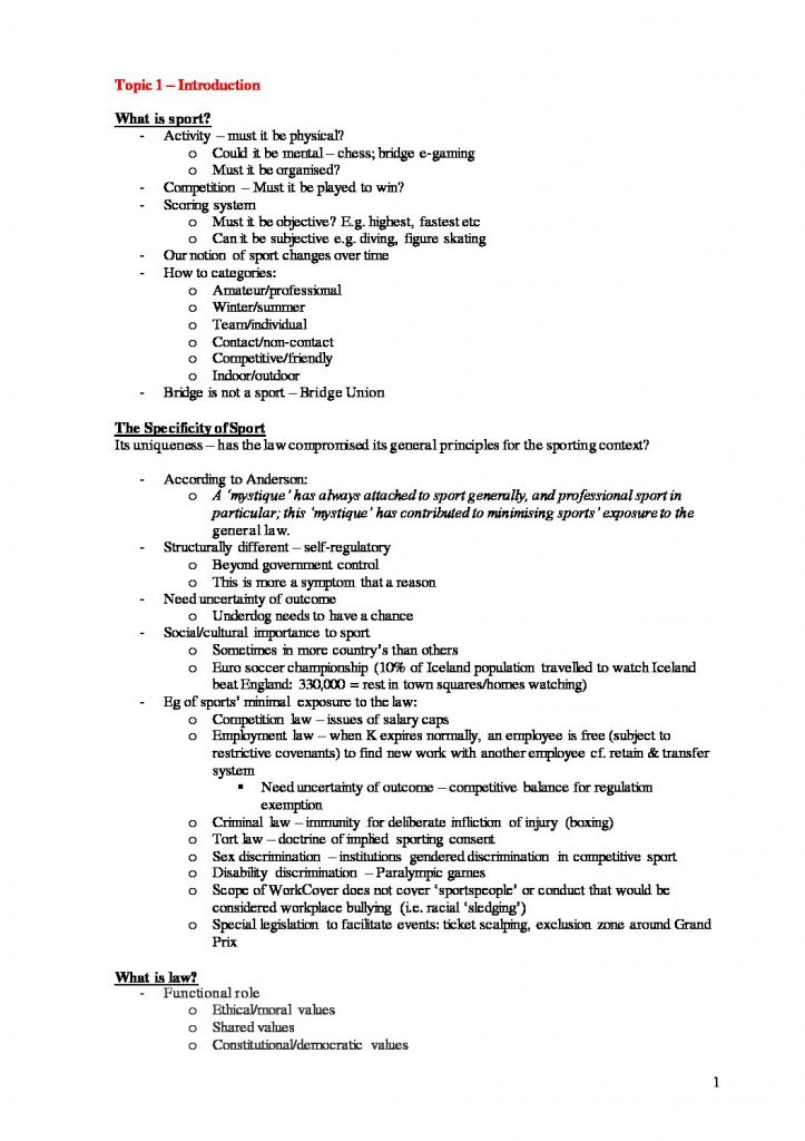 LAW4340: Sport and the Law complete exam notes