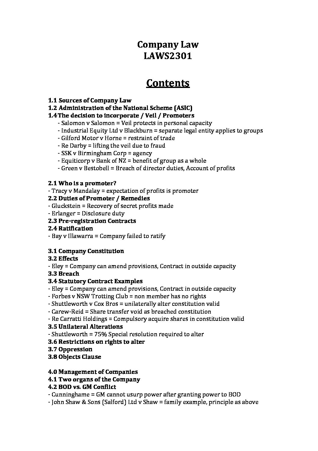 Notes for Company Law (LAWS2301) at University of Western Australia