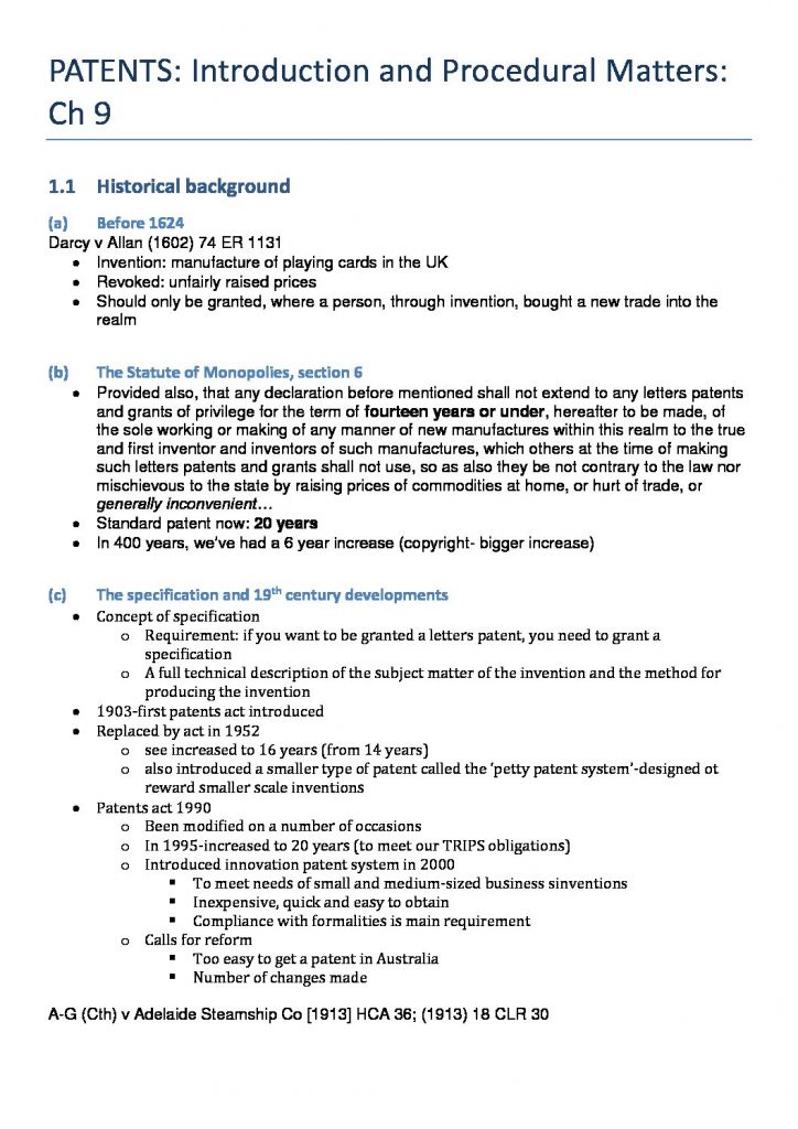 LAWS3248 – Intellectual Property 2: Trade Marks and Patents exam notes