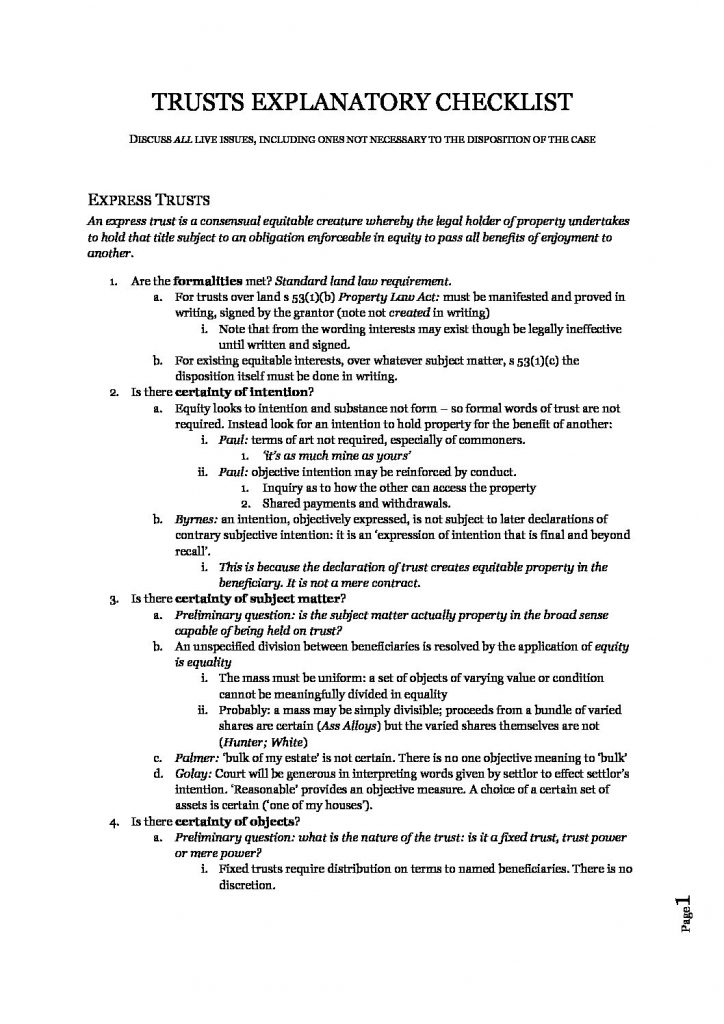 LAWS50033: Equity and Trusts exam notes with checklist