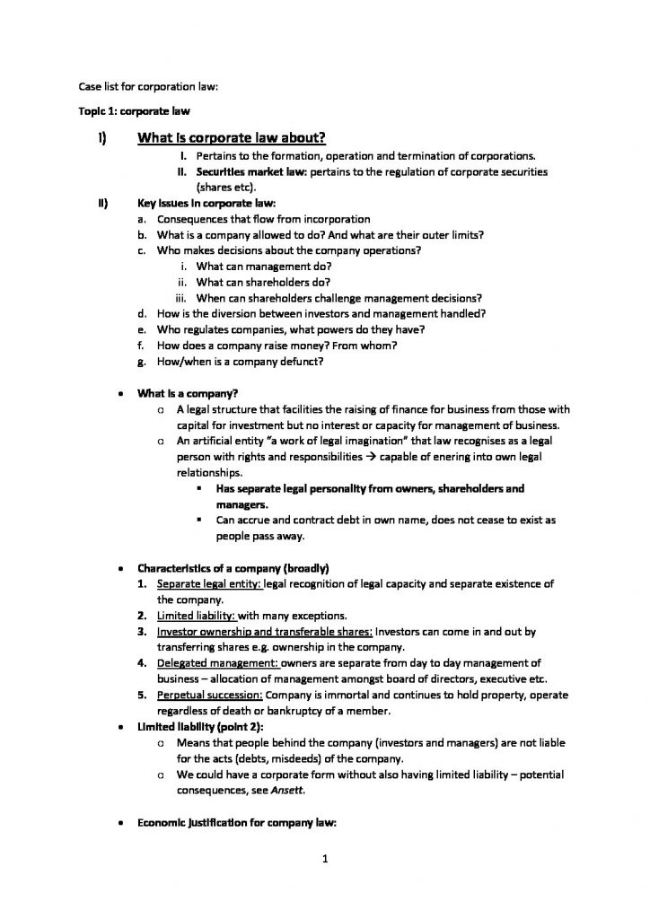 LAWS5014 & LAWS2014: Corporations Law final exam notes