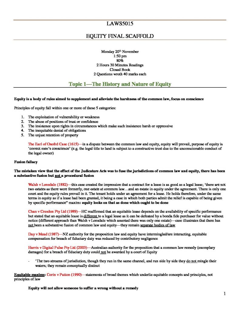 LAWS5015: Equity law final exam scaffolds