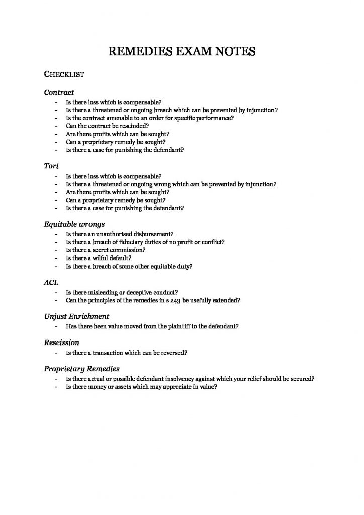 Remedies (LAWS50036) Exam notes + Checklist
