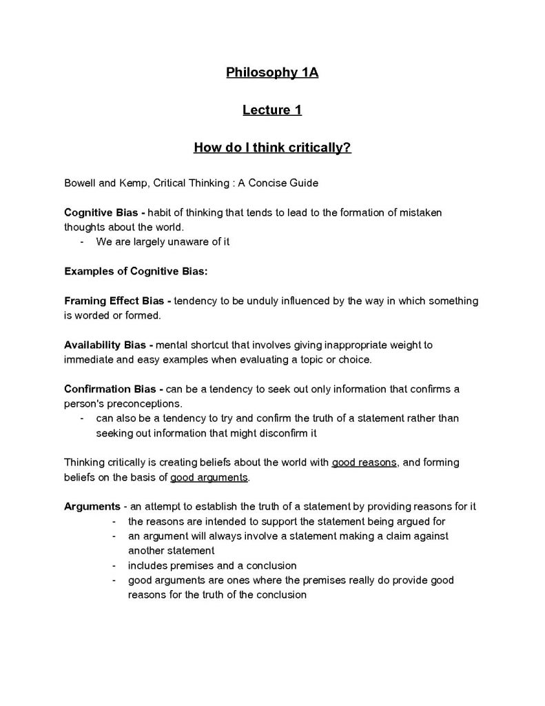 Philosophy 1A: How Should I Think? (PHIL1010) lecture summaries