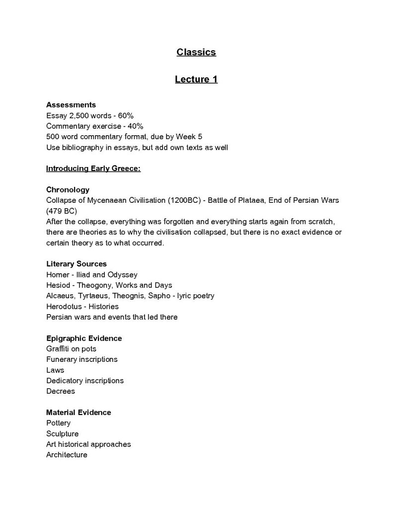 Classical Civilisation 1A (CLASSIC1001) lecture summaries