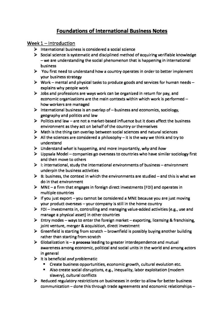 Foundations of International Business (INTBUS 201) full course summary