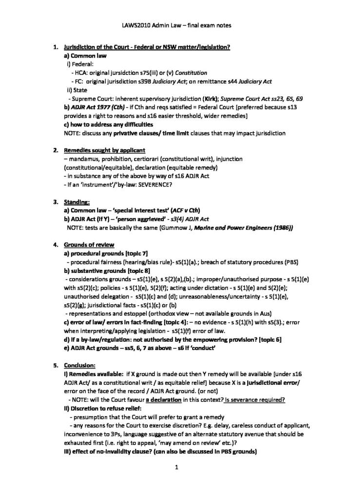 LAWS5010 & LAWS2010 – Administrative Law final exam notes