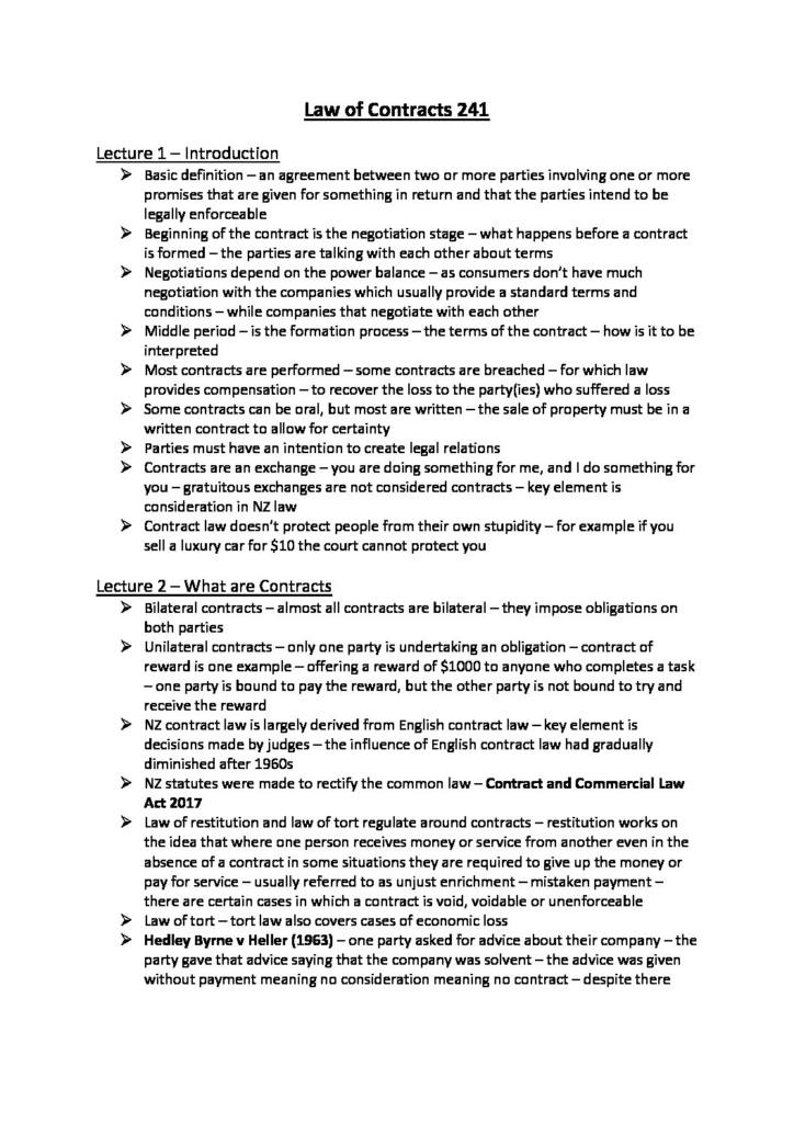 Law of Contract (LAW 241) full course notes