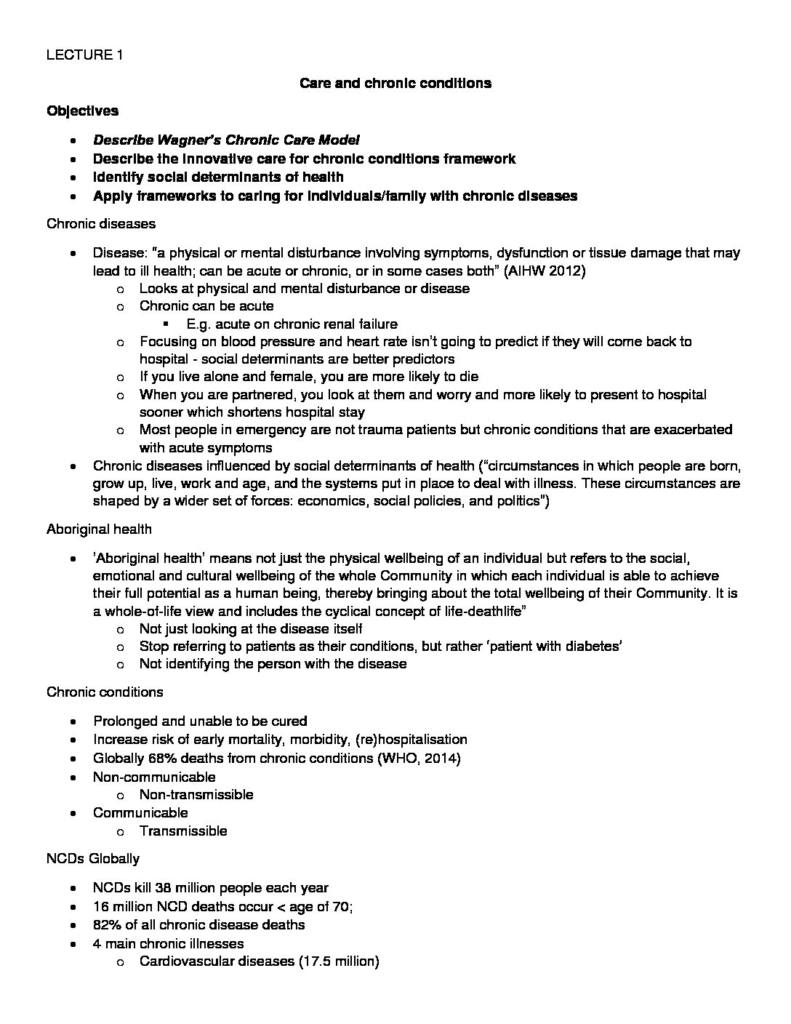 Care and Chronic Conditions (NURS6018) lecture notes