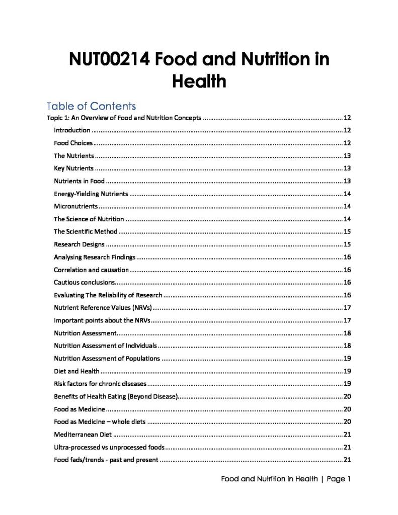 Food and Nutrition in Health (NUTR1001/NUT00214) complete notes