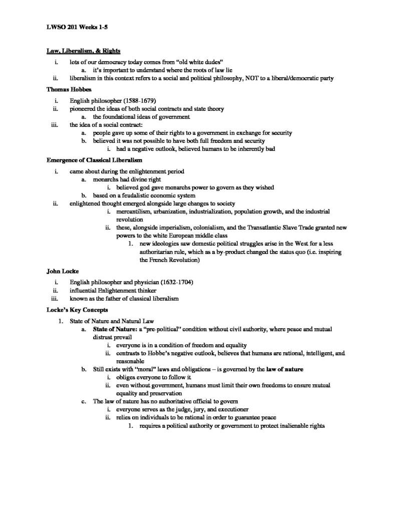 Introduction to Legal Studies (LWSO 201) course notes