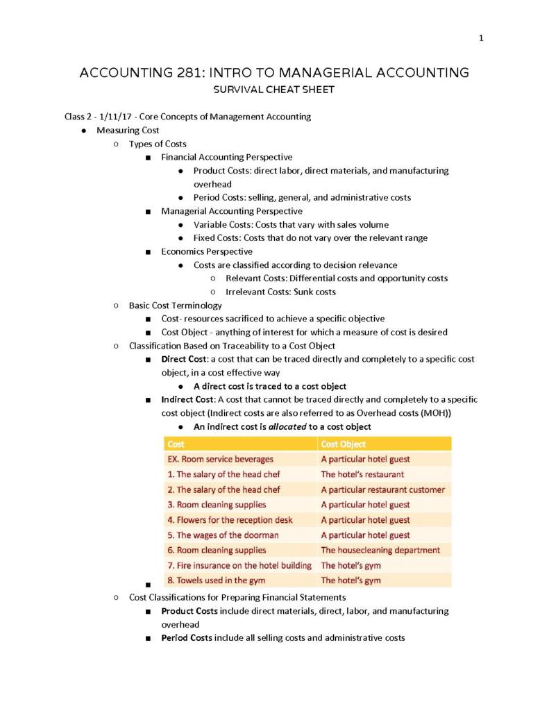 Introduction to Managerial Accounting (BUAD 281) cheat sheet