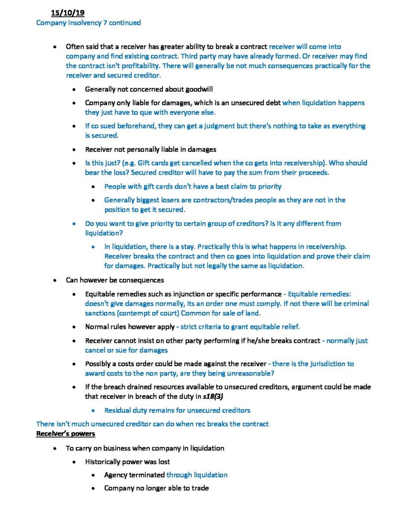 Receiverships and Reconstructions (COMLAW 303) exam notes
