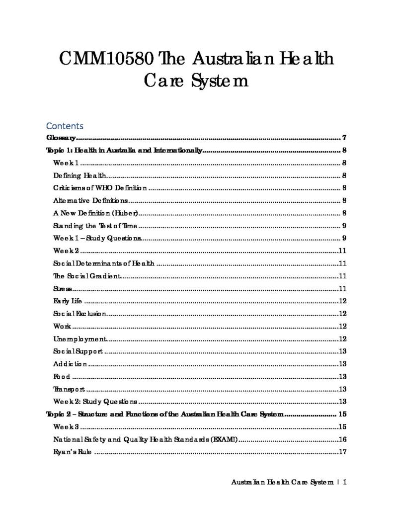 The Australian Health Care System (PBHL1001/CMM10580) complete notes