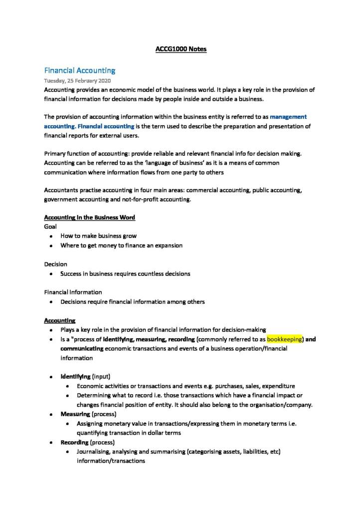 Accounting in Society (ACCG1000) complete notes