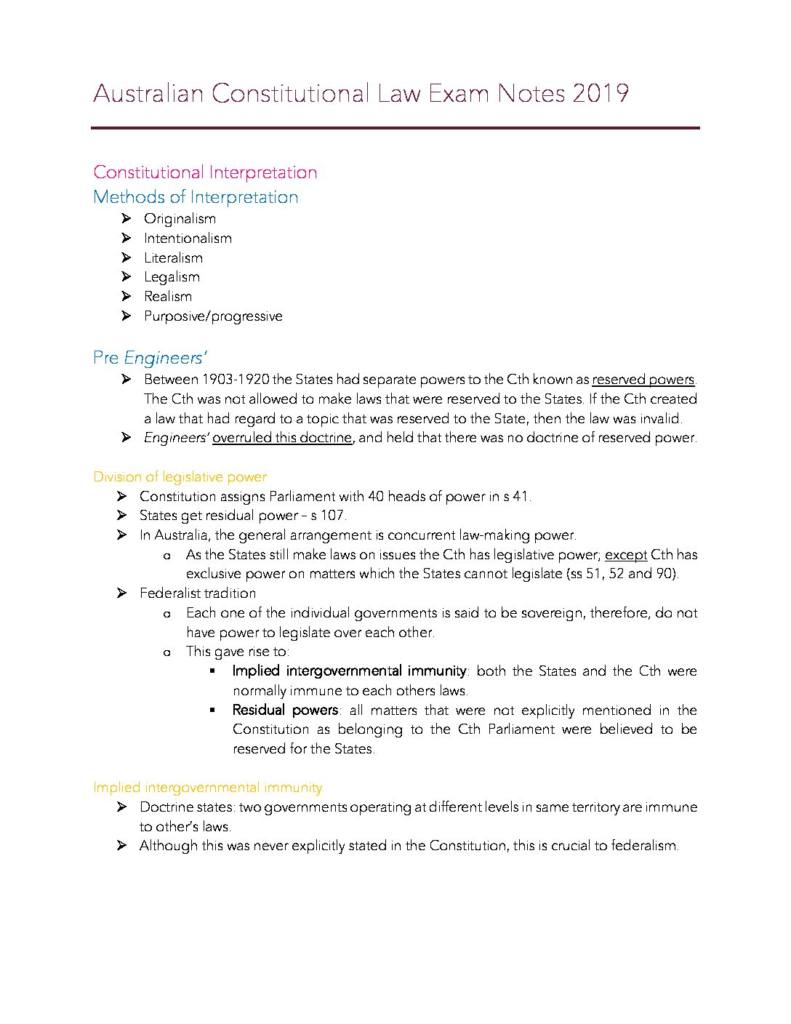 Australian Constitutional Law (LAW 2501) exam notes