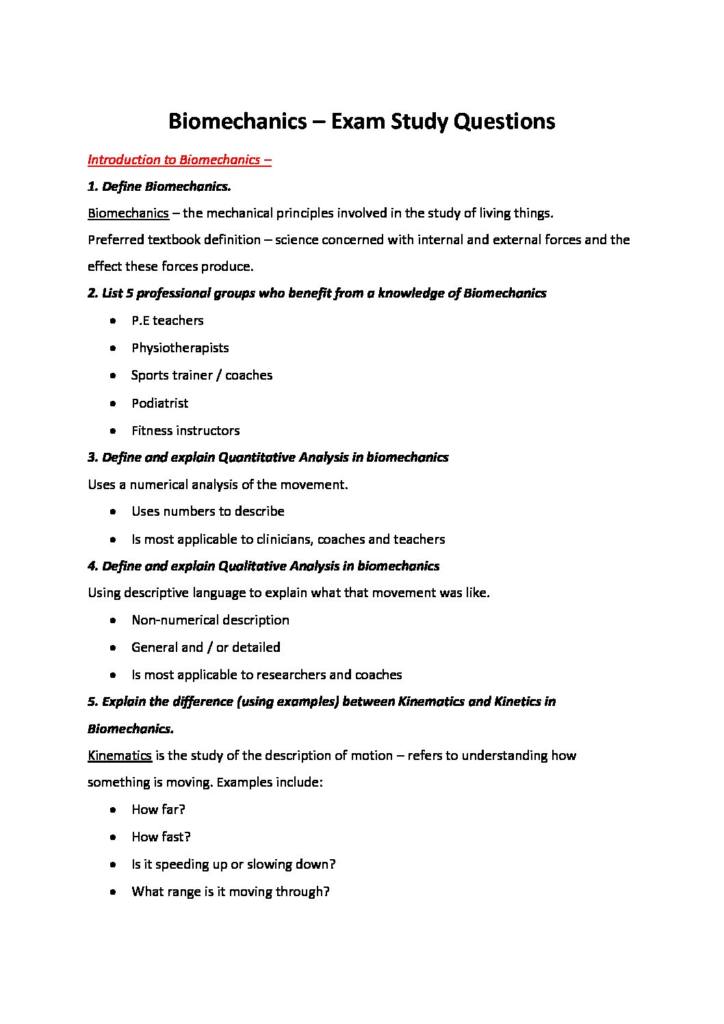 Biomechanics (401140) full unit exam practice questions with answers