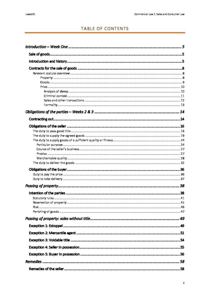 Commercial Law I: Sales and Consumer Law (LAWS331) complete notes