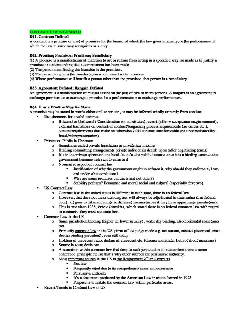 Contracts (521/421) complete outline – UT Austin