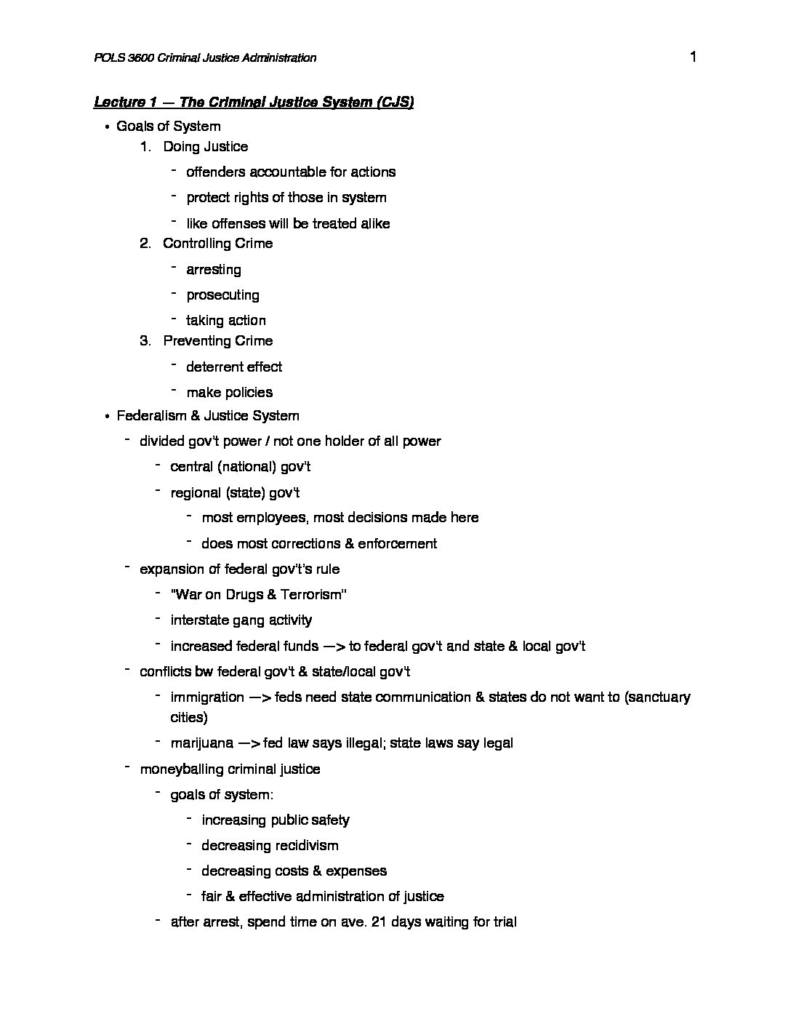 Criminal Justice Administration (POLS 3600) lecture notes