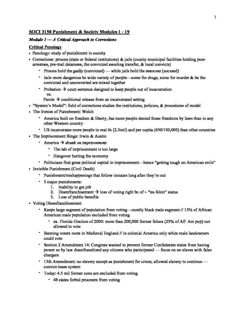Criminal Punishment and Society (SOCI 3150) lecture notes