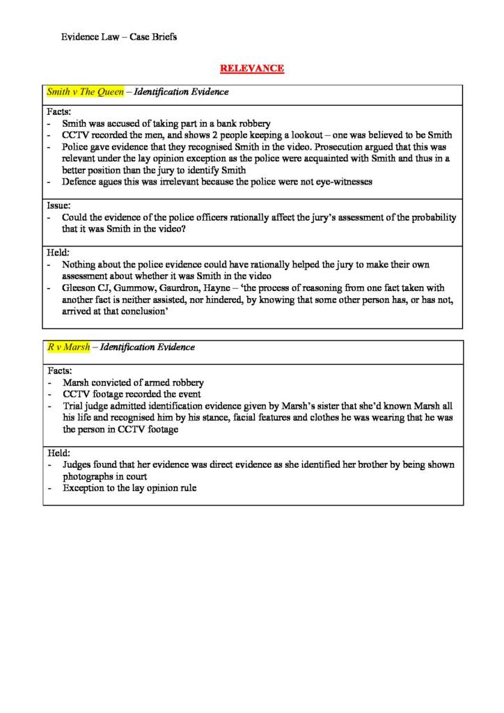 Evidence (LAWS399) complete HD notes and case briefs