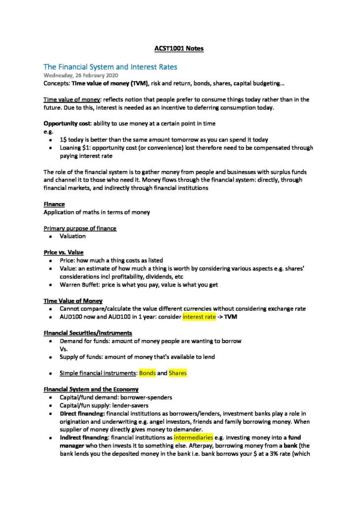 Finance 1A (ACST1001) complete notes