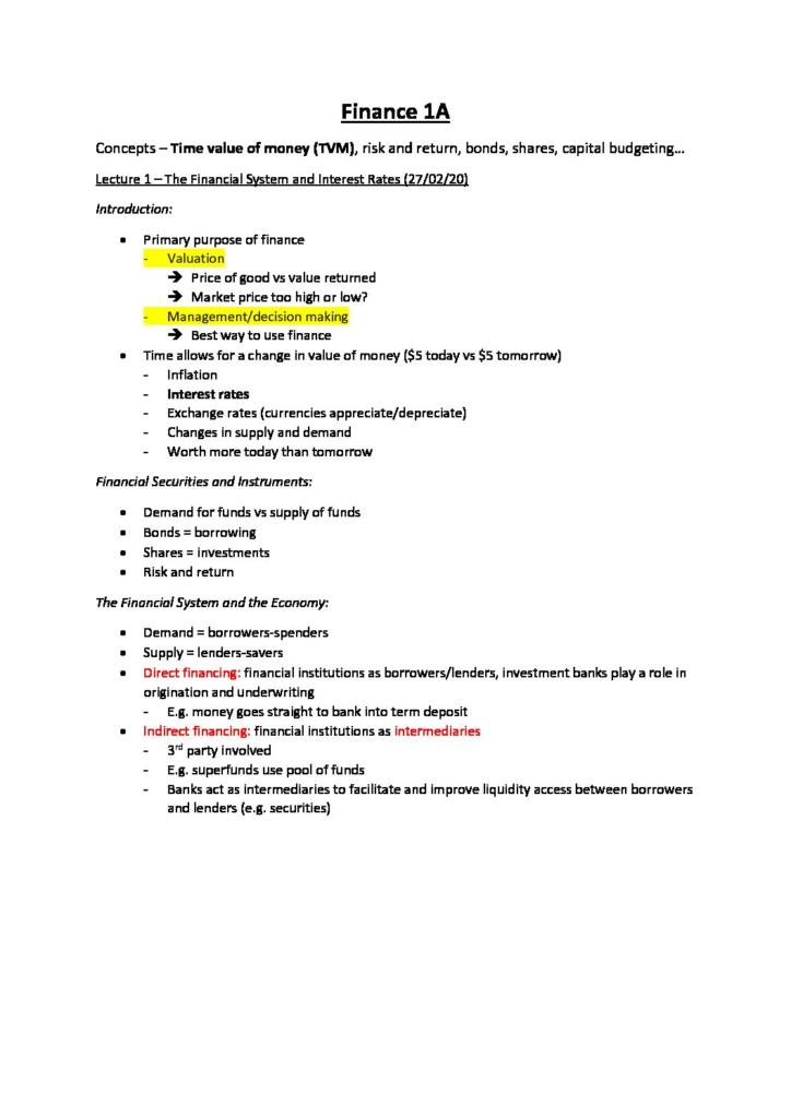 Finance 1A (ACST1001) comprehensive summary notes