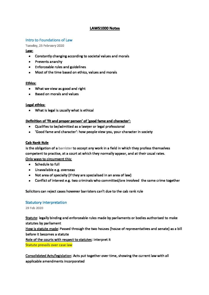 Foundations of Law (LAWS1000) detailed notes