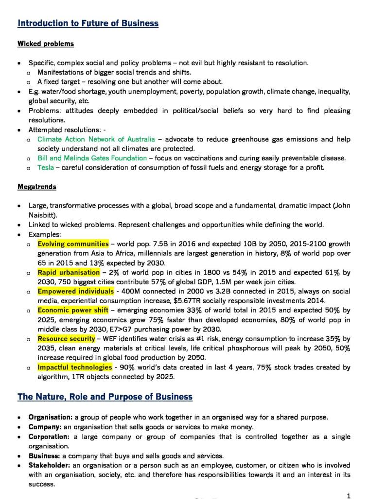 Future of Business (BUSS1000) HD exam notes