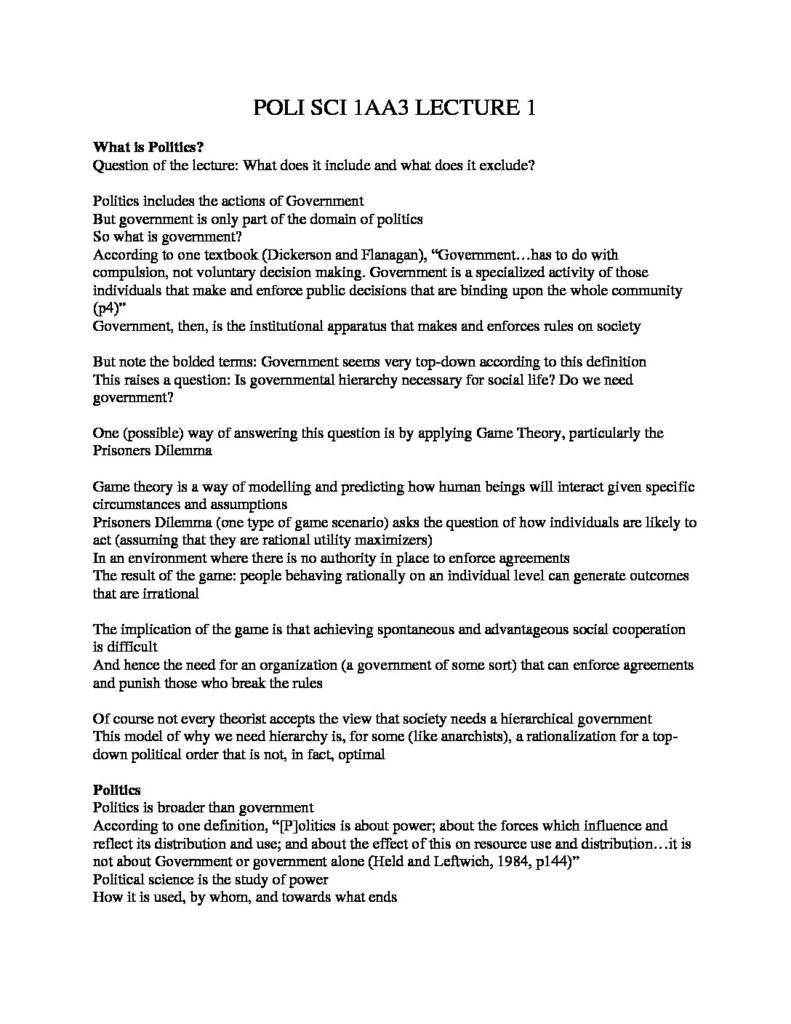 Government, Politics, and Power (POLSCI 1AA3) complete lecture summary notes