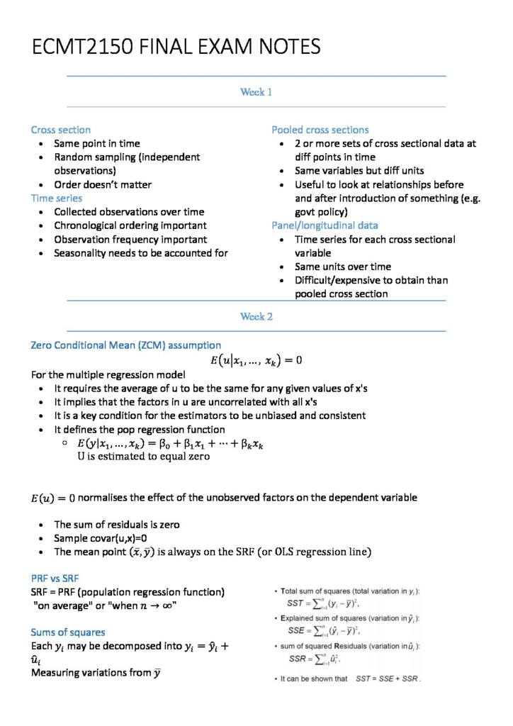 Intermediate Econometrics (ECMT2150) final exam notes