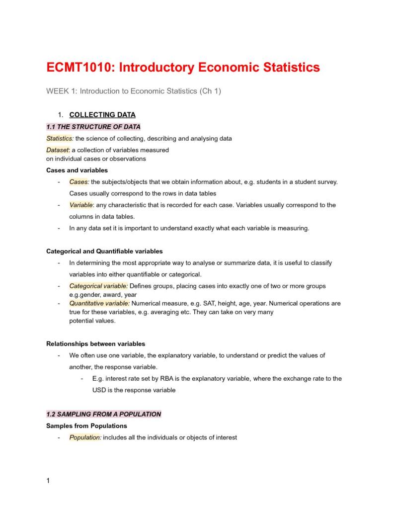 Introduction to Economic Statistics (ECMT1010) complete notes HD