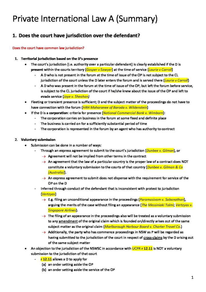 Private International Law A (LAWS2018 & LAWS5017) summarised seminar notes