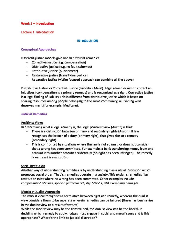 Remedies, Reparations and Resolution in Law (LAWS5000) full notes