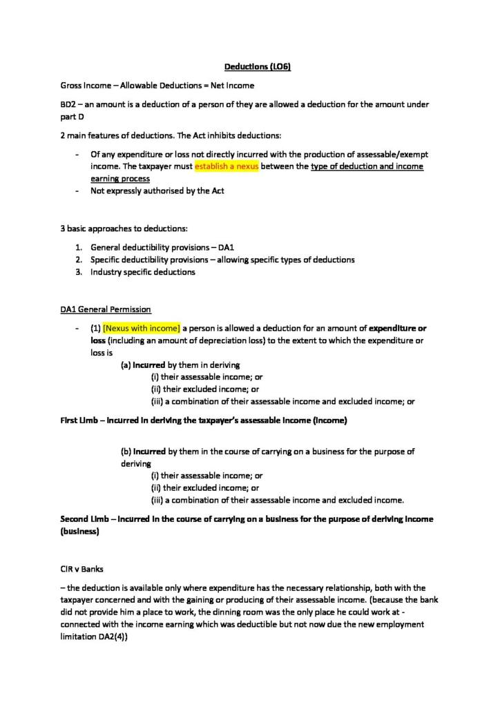 Exam targeted Taxation (COMLAW 301) notes
