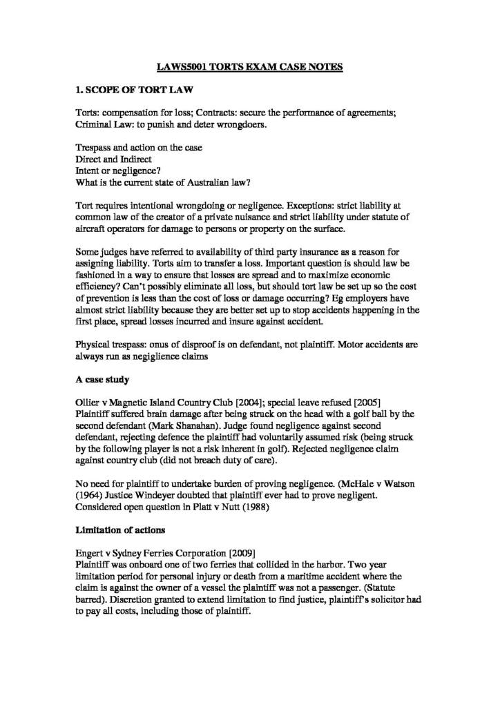 Torts (LAWS1012 & LAWS5001) HD complete exam case notes