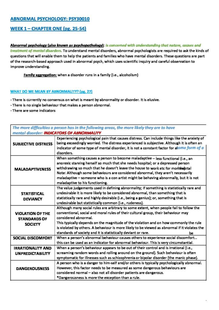 Abnormal Psychology (PSY30010) week 1 to 11 full summary HD