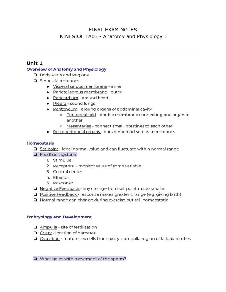 Human Anatomy and Physiology I (KINESIOL 1A03) final exam notes