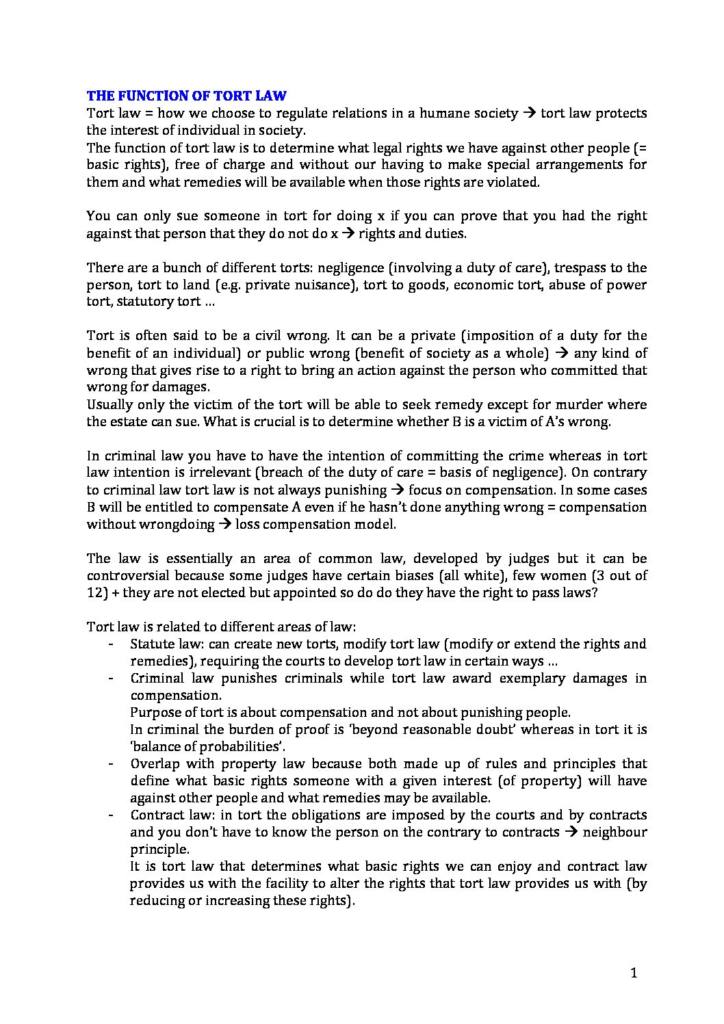 Tort Law (LA124) revision notes and relevant cases