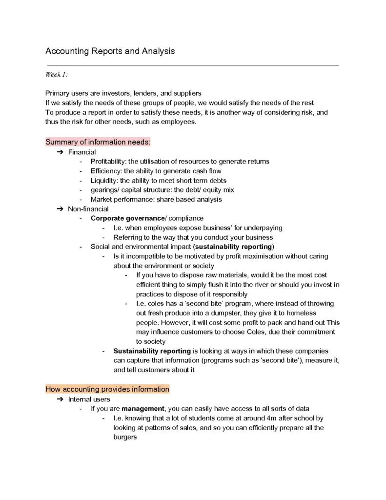 Accounting Reports and Analysis (ACCT10001) complete notes
