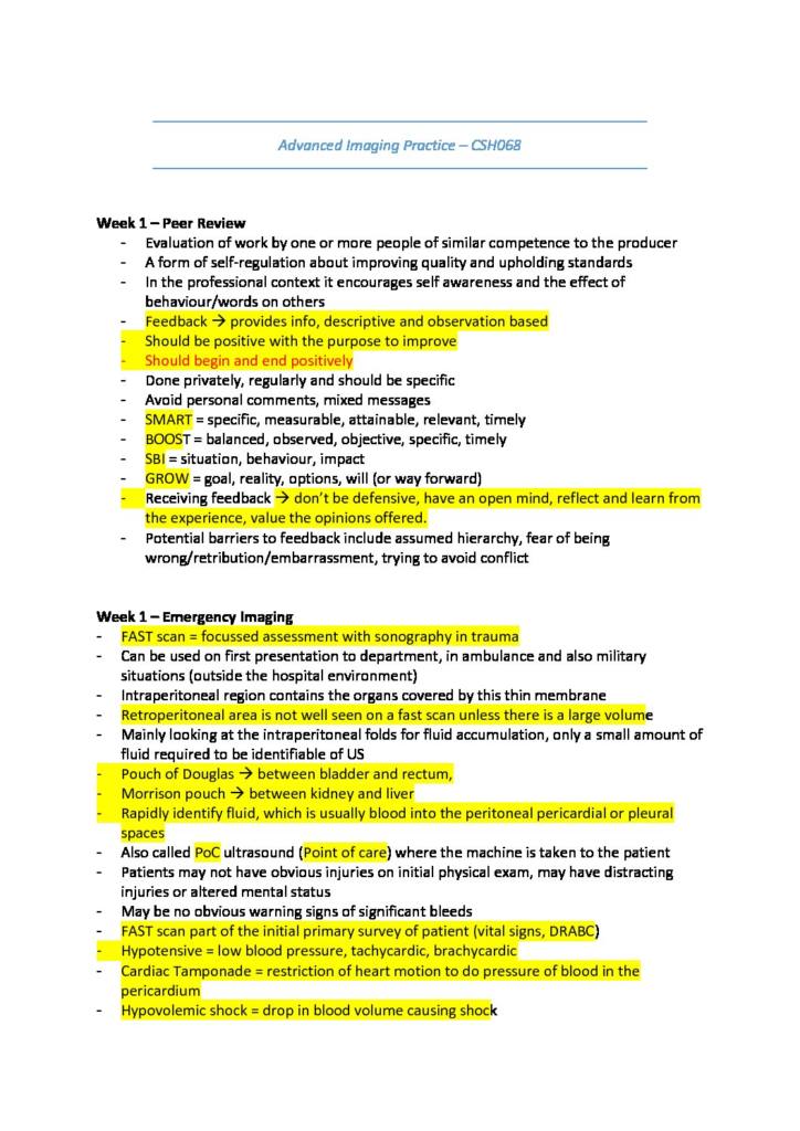 Advanced Imaging Practice 1 (CSH068) notes with practice exam Q&A