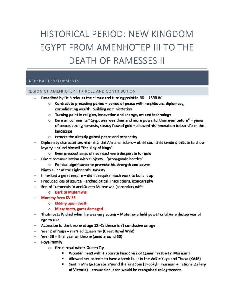 HSC Historical Periods New Kingdom Egypt – Amenhotep III to the Death of Ramesses II notes