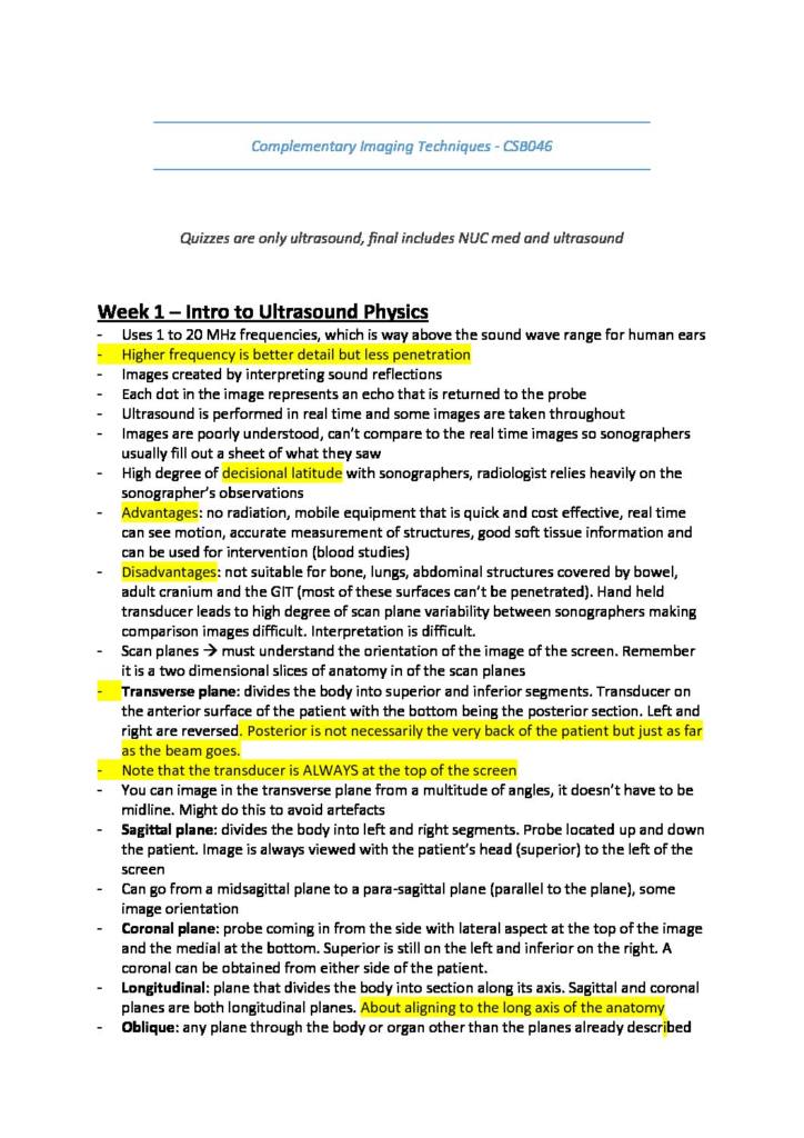 Complementary Imaging Techniques (CSB046) summary with practice Q&A
