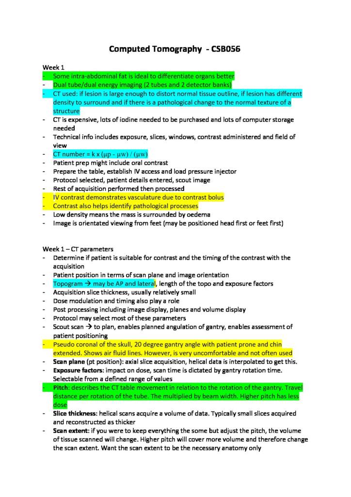 Computed Tomography Imaging (CSB056) – Physics and Clinical Applications summary