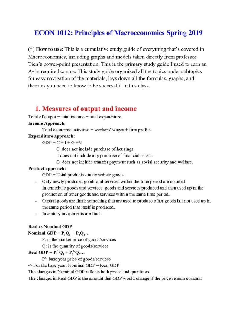 Principles of Economics II (ECON 1012) final exam notes with graphs