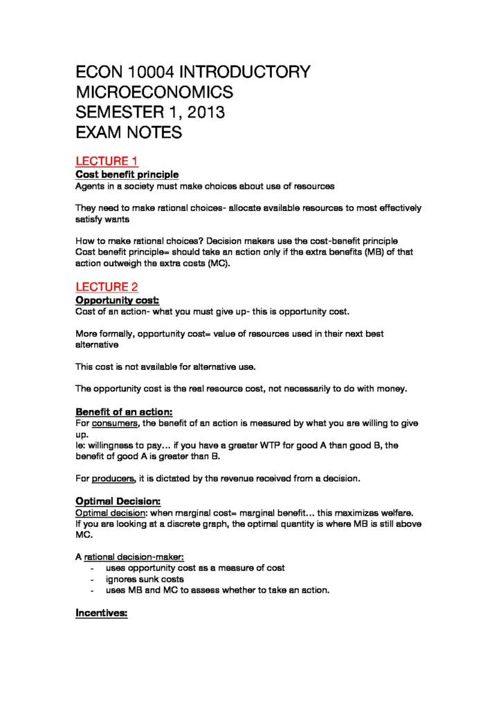 Introductory Microeconomics (ECON10004) exam notes