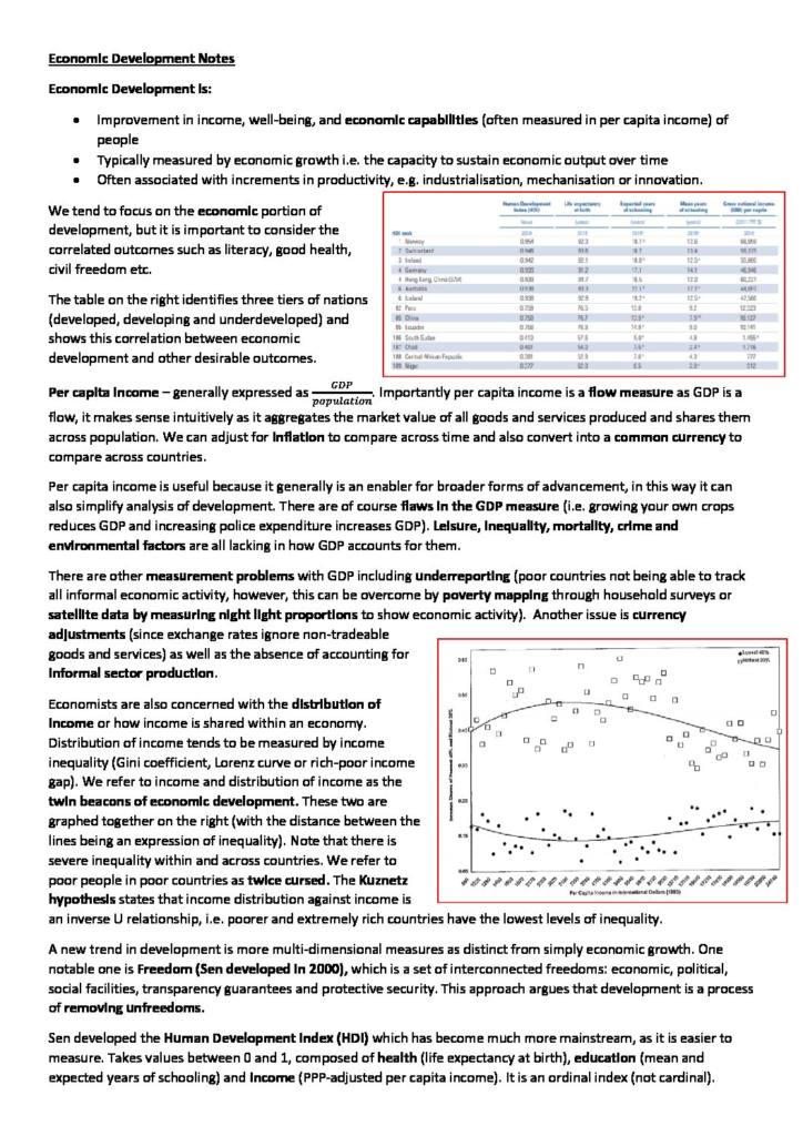 Economic Development (ECON30002) summary notes with Exam Revision