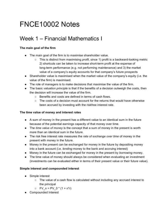 Notes for Principles of Finance (FNCE10002) at University of Melbourne ...