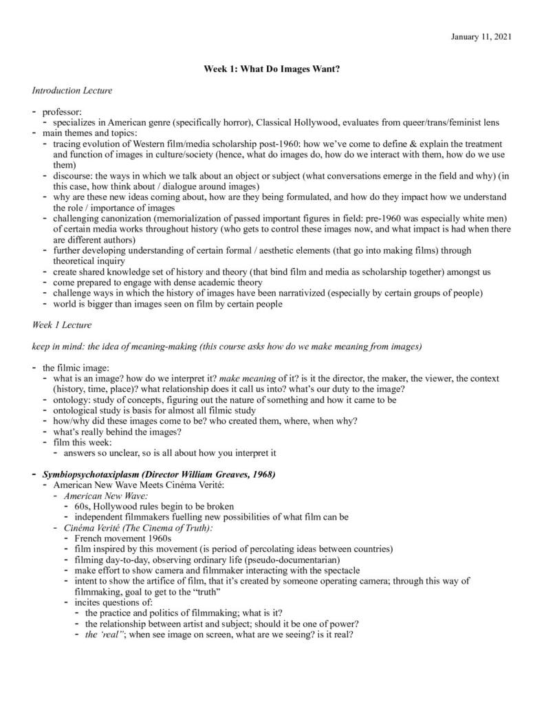 Film and Media History and Theory Post-1960 (FILM 218) A+ weekly notes